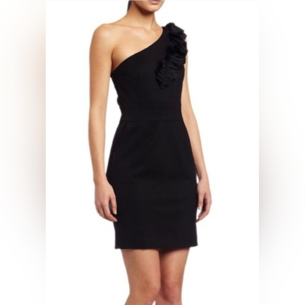 Trina Turk Women's Little Black Dress Cocktail One Shoulder Ruffled Sz 4